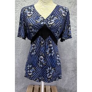 Rikki J. New York Women XL Blue Floral Geometric Empire Waist Tie Back Tunic Top